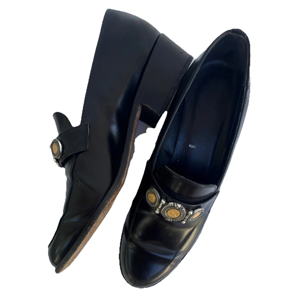 Brighton Black Leather Loafers Silver Gold Medallion Chunky Heel Made in Italy 8